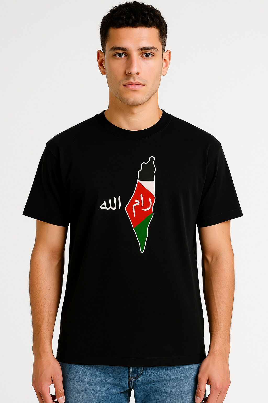 Person wearing a black t-shirt with a flag design and Arabic text on a white background