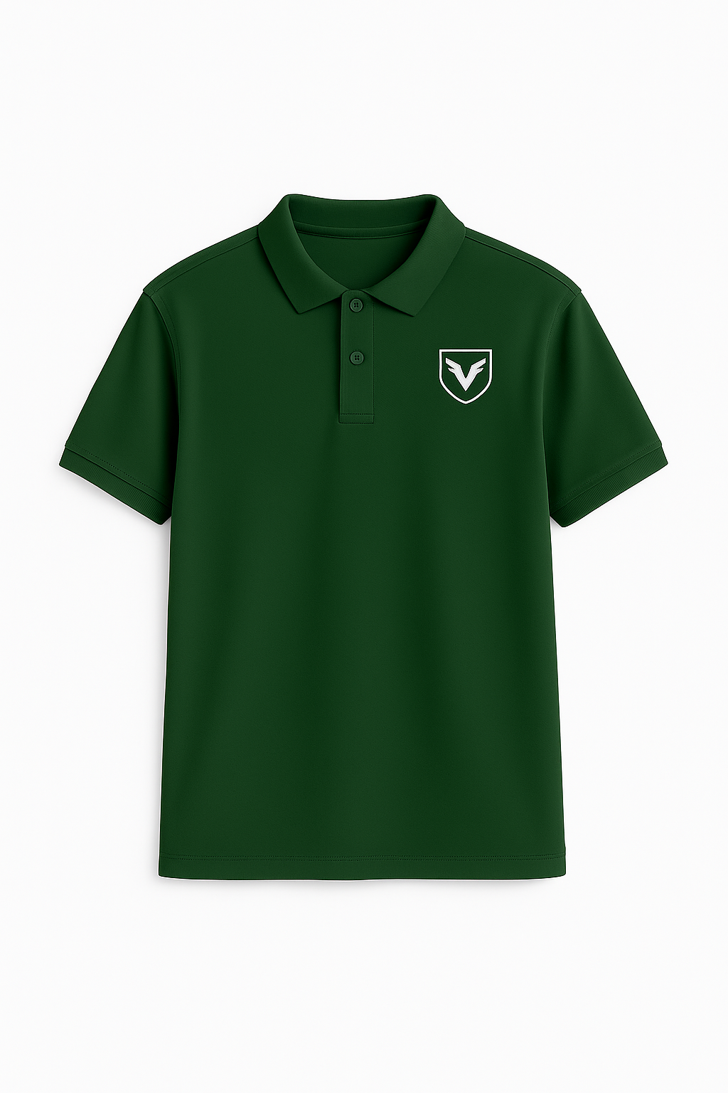 Green polo shirt with a logo on a white background