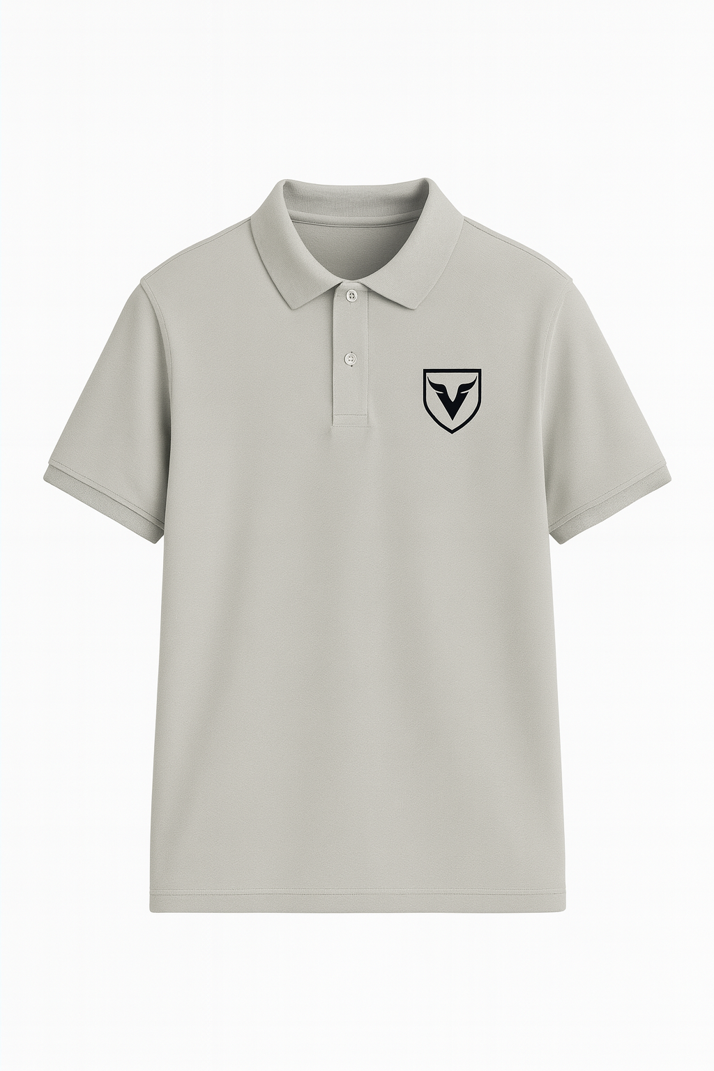 Light gray polo shirt with a black emblem on a white background